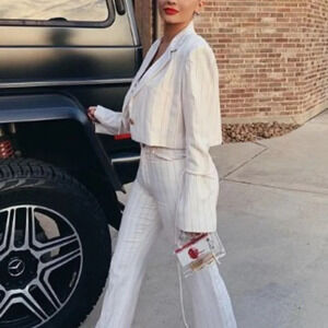 Orseund Iris Cream w Red Pinstripe Wide Leg Mid-Rise Crop Dress Pants Trousers 6